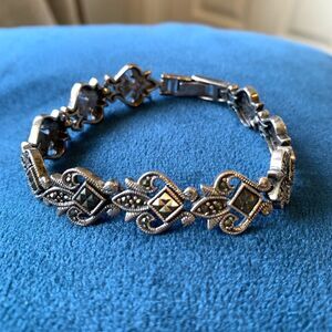 Vintage Marcasite Link Sterling Silver 925 Bracelet Art Deco Style 7.5”